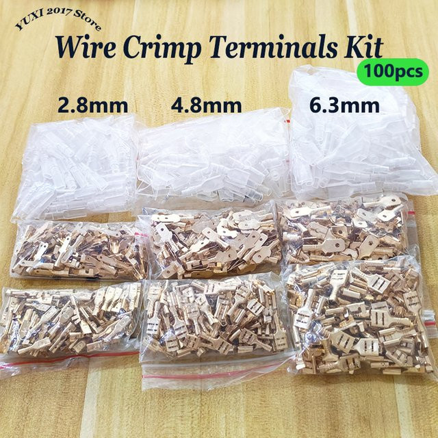 YuXi Messing Crimp Flachsteckverbinder Set mit Isolierabdeckungen in Gold, 100 Stück pro Packung, Größen: 2,8 mm, 4,8 mm und 6,3 mm - Bild 1