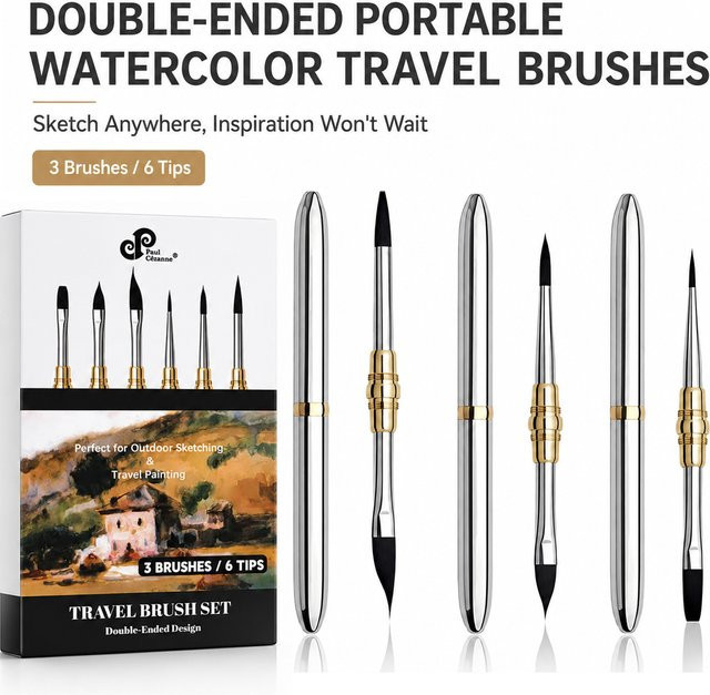 3-teiliges Set doppelseitige Kunstpinsel mit Metallgriff in Silber für Aquarell, Gouache und Acrylfarbe - Bild 1