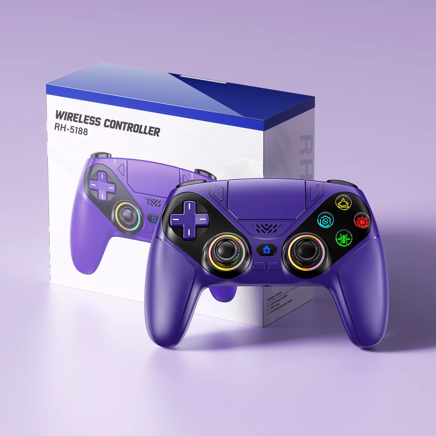Bonadget Wireless Controller für PlayStation 5 und PC mit RGB-Beleuchtung, 6-Achsen-Gyro und Dual-Vibration in Weiß und Lila - Bild 5