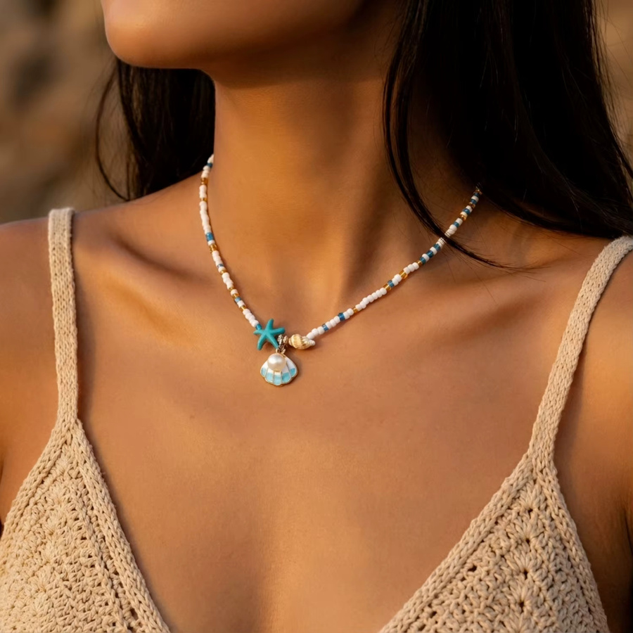 Rinhoo Perlen-Choker-Halskette, Silber, Muschel-Seestern-Anhänger, Damen - Bild 2