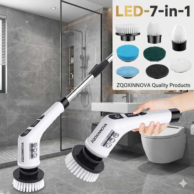 XMSJ 7-in-1 Elektrische Kabellose Reinigungsbürste mit LED-Anzeige und Teleskopgriff in Weiß - Bild 1