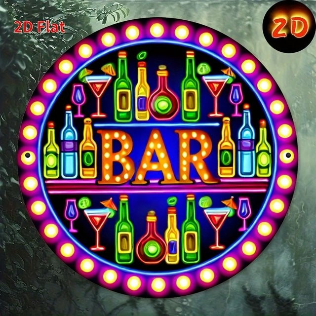Potdemiel Retro-Bar-Neonschild Wanddekoration aus Metall in Multicolor, rundes Metallschild mit Grafik-Design und vorgebohrten Löchern zum Aufhängen - Bild 1