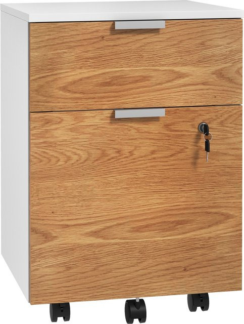 HOMCOM Büroschublade Aufbewahrungsschrank mit 2 Schubladen und 2 Aufhängestangen für Hängeregistratur, abschließbar, mit 4 Rollen, Weiß und Natur, B/T/H: 42 x 40 x 60 cm - Bild 1