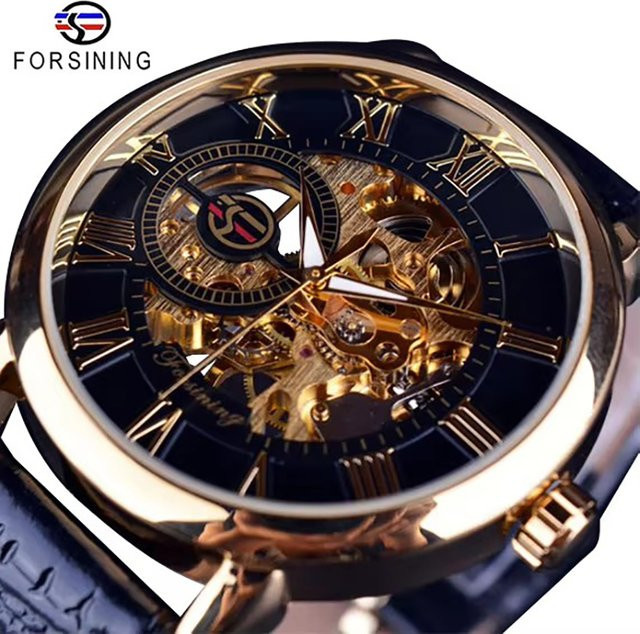 Forsining Armbanduhr, Skelett, Mechanisch, Handaufzug, Schwarz-Gold, Leder, Herren - Bild 1