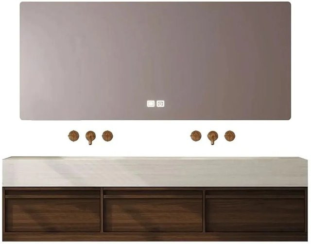 360Home Doppelwaschbecken Set aus Keramik in Schwarz mit LED Spiegel und Schrank, B/T/H: 140 x 55 x 35 cm - Bild 1