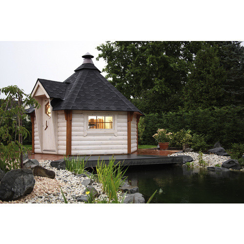 Wolff Finnhaus Grillkota aus Holz in Braun und Schwarz mit Dachschindeln, B/T: 438 x 388 cm - Bild 2