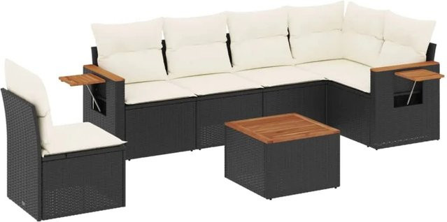 vidaXL 7-tlg Garten-Sofagarnitur in L-Form aus schwarzem Poly-Rattan mit Kissen und Akazienholz - Bild 1