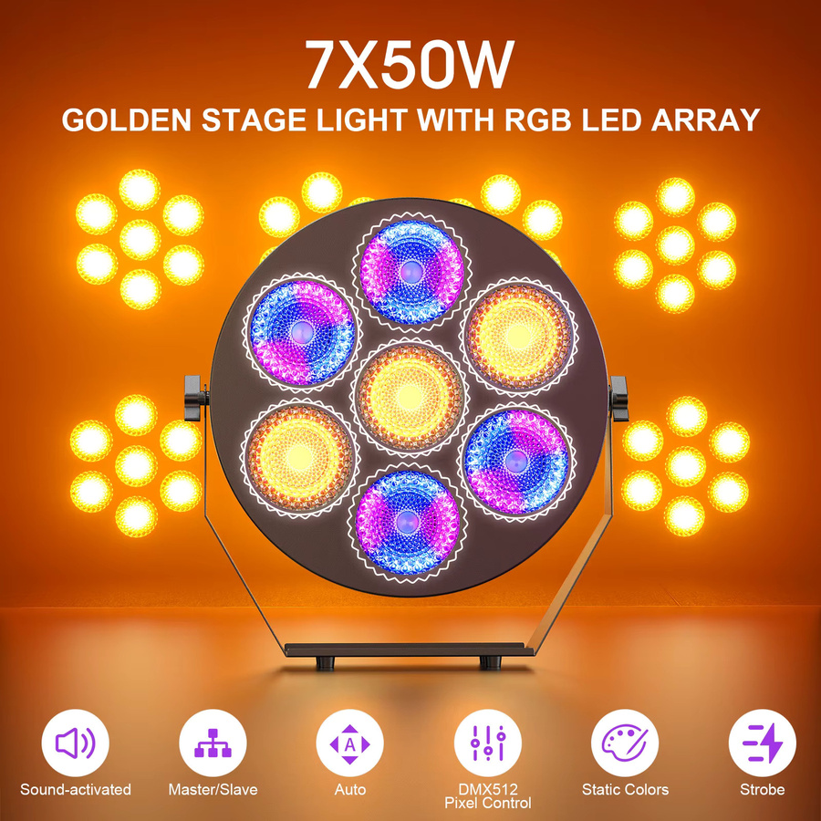 U'King RGB LED Retro Bühnenlicht in Gold/Messing mit 7x50W, DMX512 Strobe Effekt Lineares Vintagelicht für DJ, Disco und Show - Bild 3