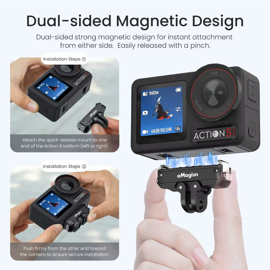 aMagisn Schnellverschluss-Halterung mit Sicherheitsverriegelung für DJI Action 5 Pro, 4, 3 und OSMO 360 in Schwarz mit 1/4-Zoll- und 2-Pin-Schnittstellen - Bild 3