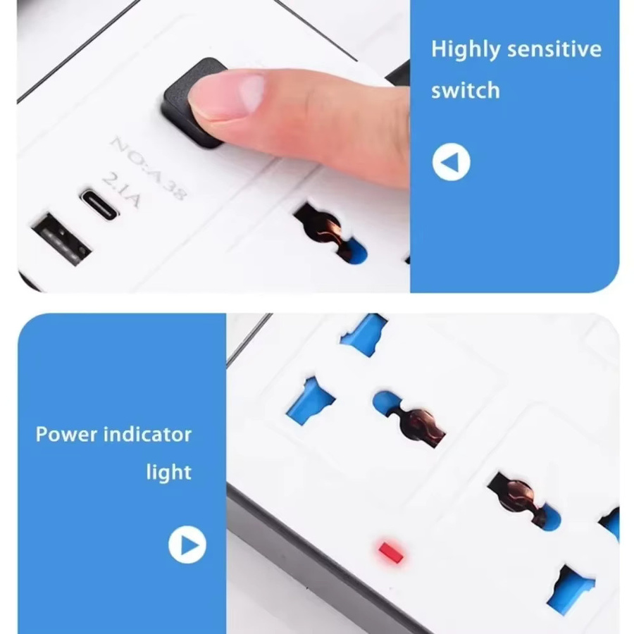 Henruisi Power Multi Tap Universal Steckdosenleiste mit USB-C Port in Weiß und 1,8 m Verlängerungskabel - Bild 2