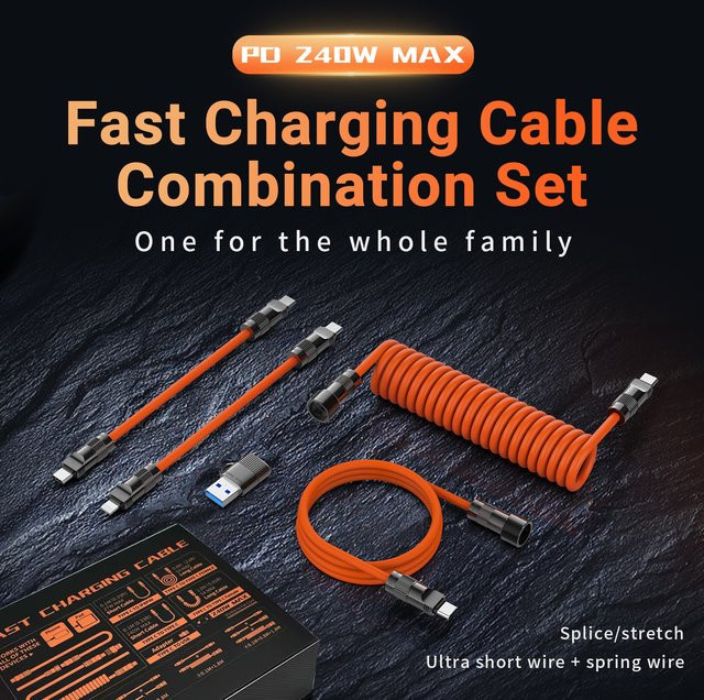 Gopala 240 W PD Schnelllade-Teleskop-Federkabel in Orange mit USB-A/USB-C auf Lightning/Typ-C Verlängerungsdatenkabel für iPhone, iPad, Laptops und Switch - Bild 1