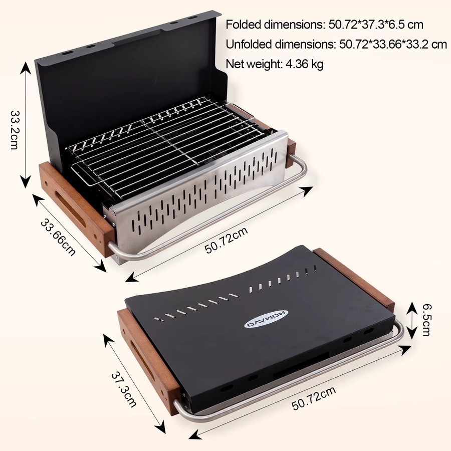 HOMAVO Tragbarer Holzkohlegrill in Schwarz, Kompakter Tischgrill für Camping und Picknick, geeignet für 1-4 Personen, B/T/H: 50,72 x 33,66 x 33,2 cm - Bild 7