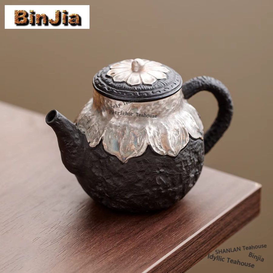 BinJia Keramik-Teekanne im chinesischen Stil aus Ton, Schwarz-Lila mit Silberakzenten, 200 ml - Bild 3