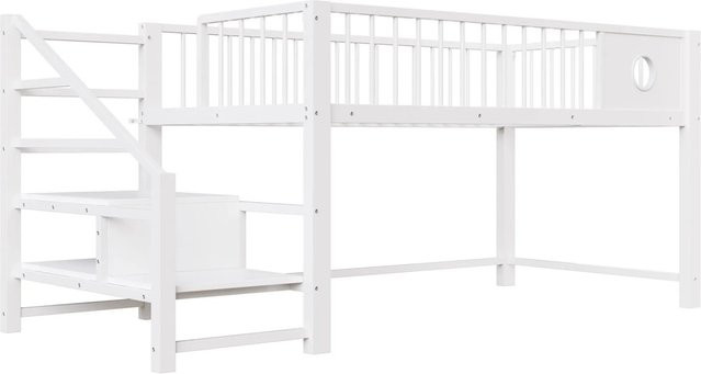 Merax Hochbett für Kinder mit Stauraumleiter und Seitenfächern, Weiß, B/T/H: 90 x 200 x 150 cm - Bild 1
