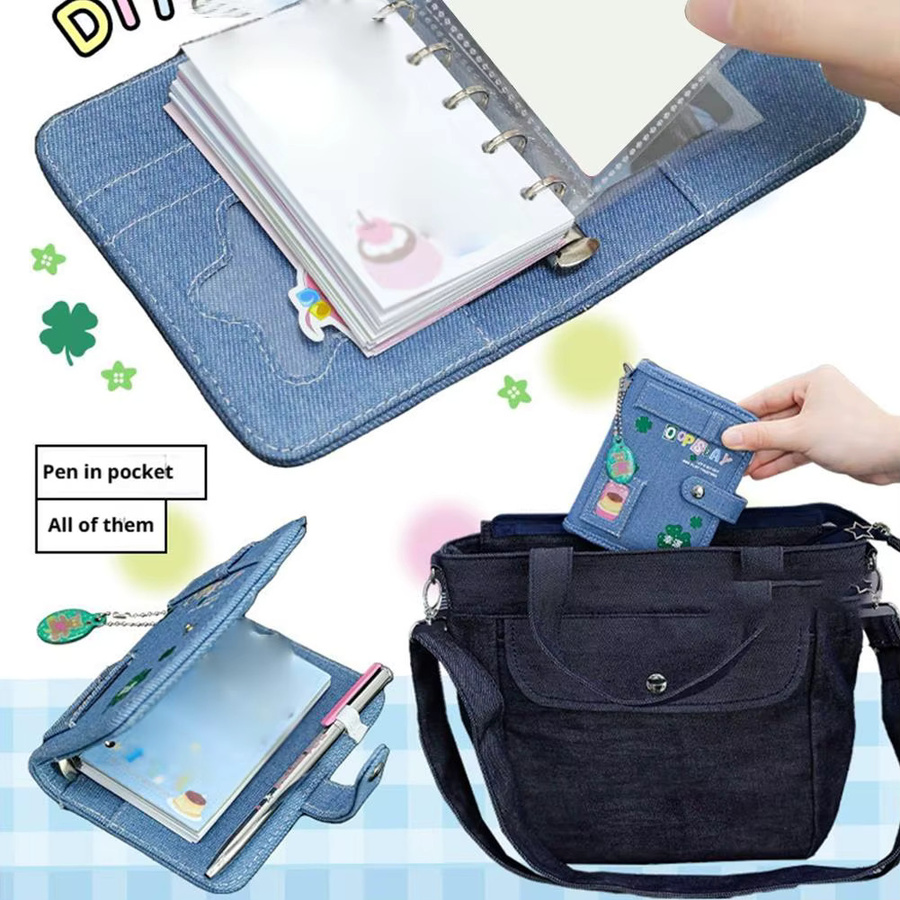 Blaues Denim-Notizbuch mit Kleeblatt-Muster und Anhänger im Kawaii-Design - Bild 4