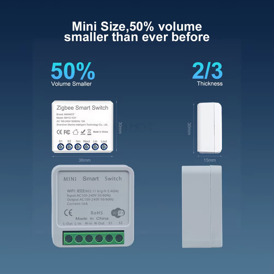 MANHOT Zigbee 3.0 Smart DIY Schalter 12A 2-Wege-Modul in Weiß zur App-Steuerung kompatibel mit HA und Zigbee2MQTT - Bild 2