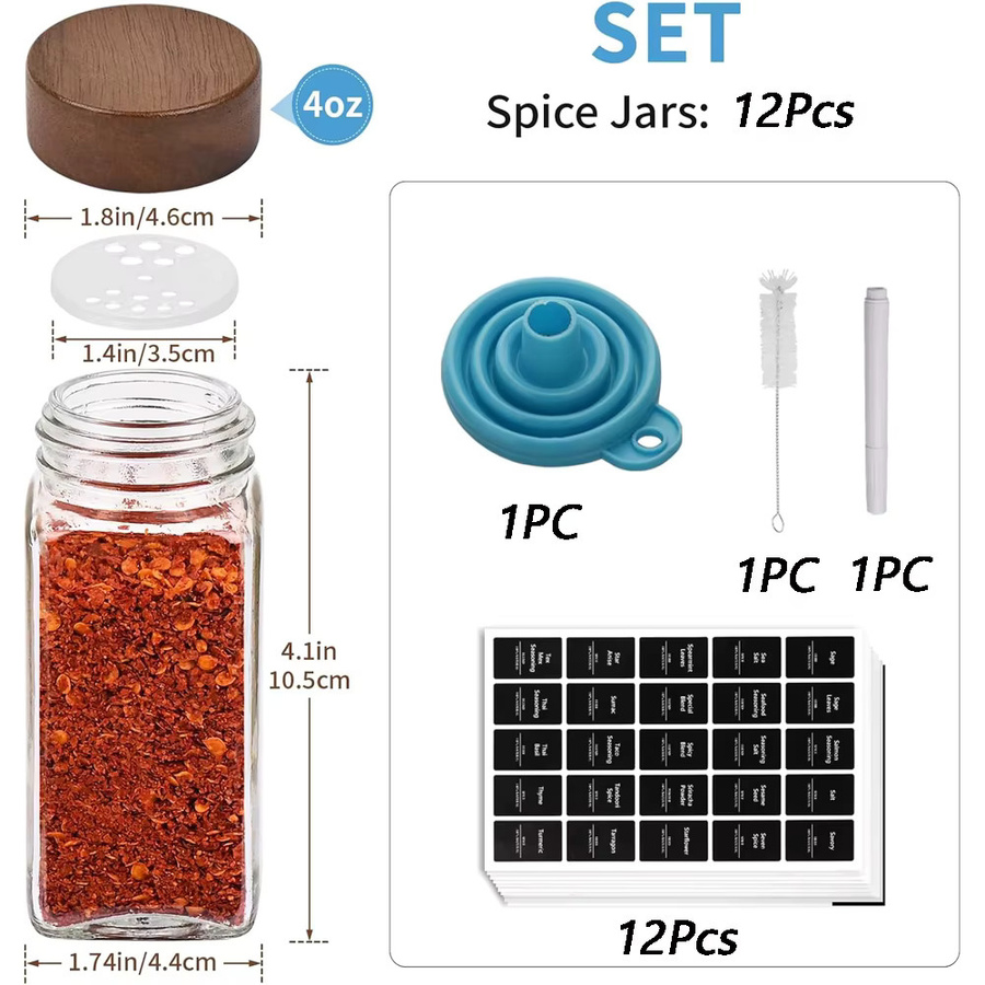 EliteHMX Set aus 12 quadratischen Gewürzgläsern aus Glas mit Akazienholzdeckel und Etiketten, transparent, 118 ml pro Glas - Bild 2