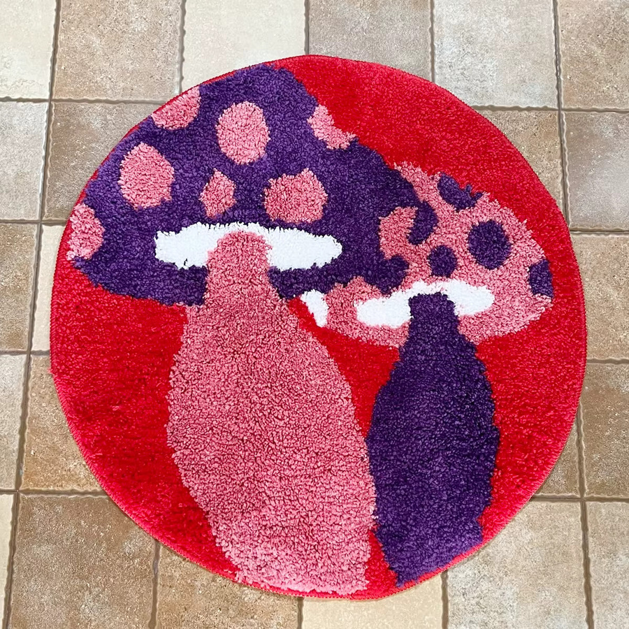 Handgefertigter runder Teppich mit psychedelischem Pilz-Design in Rot und Multicolour, rutschfest und im Boho-Stil für dein Wohnzimmer oder Schlafzimmer - Bild 4
