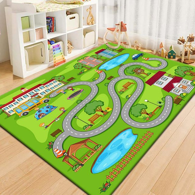 BC-Warm Home Cartoon-Rennstrecke Teppich mit Parkplatz und Straße, rutschfeste und waschbare Bodenmatte für Kinderzimmer, B/B: 80 x 160 cm, Mehrfarbig - Bild 1