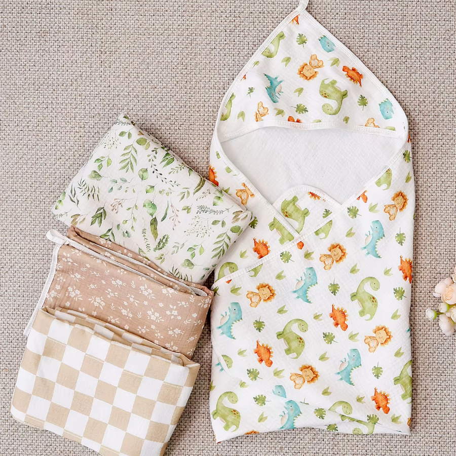 Happyflute Wickeldecke für Neugeborene mit Kapuze, 4-lagige Baumwoll-Babybettwäsche, Multicolour, B/B: 85 x 85 cm - Bild 1