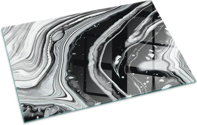 Tulup Glasplatte für Kamin mit abstraktem Wellen- und Linienmuster in Schwarz und Weiß, B: 100 cm, H: 70 cm - Bild 1