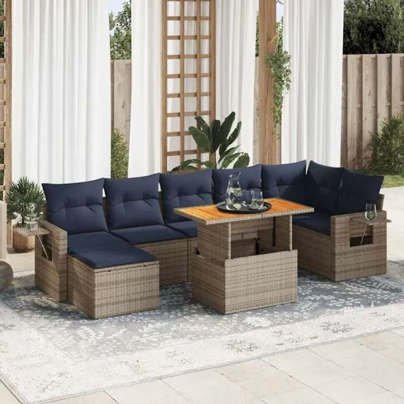 8-tlg. modulare Garten-Sofagarnitur mit Kissen und Fußhocker aus Poly-Rattan in Grau von vidaxl - Bild 1