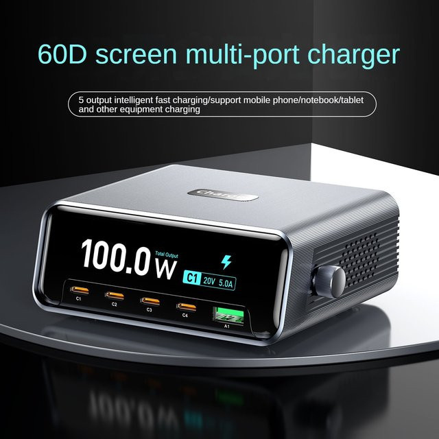 Deepartner 100W GaN Smart Multi-Port Desktop-Ladegerät mit 5 Ports (4x USB-C, 1x USB-A) für schnelles Laden von Handys und Tablets - Bild 1
