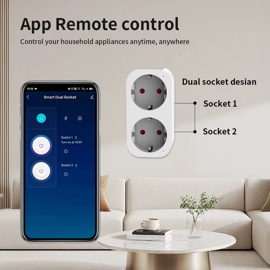 TNCE Tuya 2-in-1 WLAN-Steckdose 16 A in Weiß mit Dual-Steckdose, Timer und Sprachsteuerung für Google Home, Alexa und Alice via Smart Life App - Bild 2