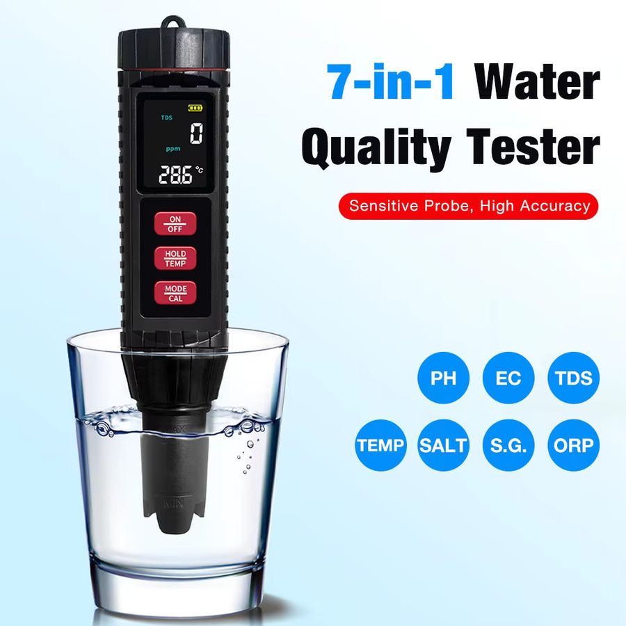 JUANJUAN 7 in 1 Digitales Wasserqualitätstester Messgerät für PH/ORP/EC/TEMP/SALT/S.G/TDS in Schwarz - Bild 2