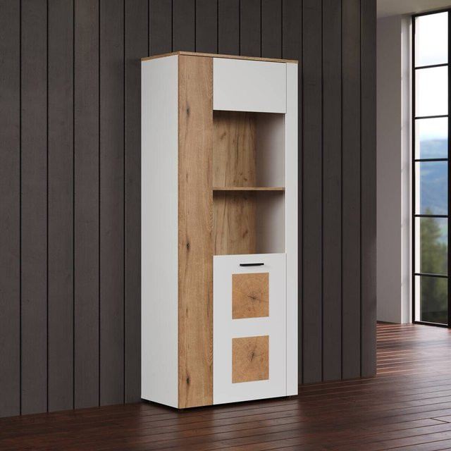 Vitrine Vitoria von Evoke Coast in Weiß und Eiche Nachbildung mit Glastüren, B/H/T: 80 x 195 x 42 cm - Bild 1