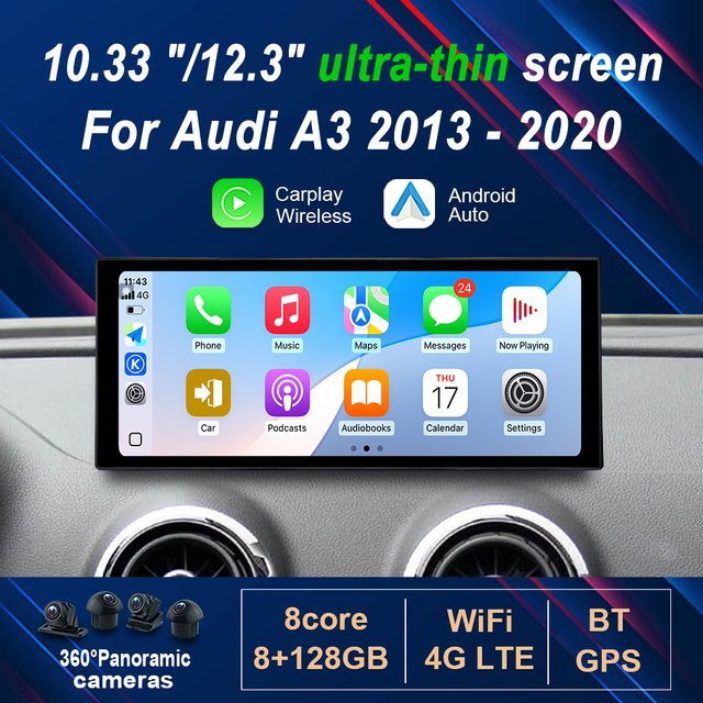 KJ-NAVI Android 14 Autoradio Multimedia Player für Audi A3 2013 - 2020 mit 10,33 Zoll HD Touchscreen, Wireless Carplay, 4G, WIFI und DSP, Schwarz - Bild 1