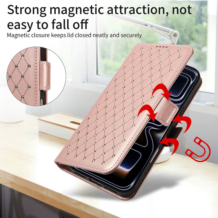 Luxuriöse magnetische Lederhülle mit künstlichen Diamanten für Apple iPhone Modelle in Schwarz und Pink - Bild 4