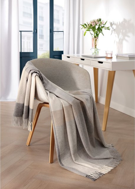 Biederlack Kaschmirplaid Wohndecke aus Wolle mit Fransen und Reversibler Doppeloptik in Rot, Grau oder Beige - Bild 1
