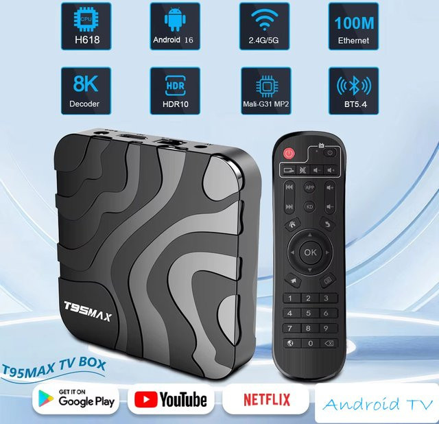 T95 Max Smart TV Box Android 16 Globale Version mit Allwinner H618 Quad-Core Prozessor, 6K Media Player, Dual WLAN 2,4G & 5G und Google Sprachassistent, Schwarz - Bild 1