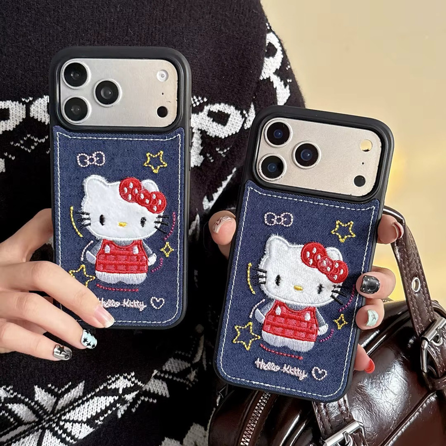Sanrio Hello Kitty Handyhülle mit Denim-Leder-Muster und Herzchen-Sternen-Design in Blau für iPhone 17, 17 Pro, 15 und 14 Pro Max, stoßfest - Bild 2