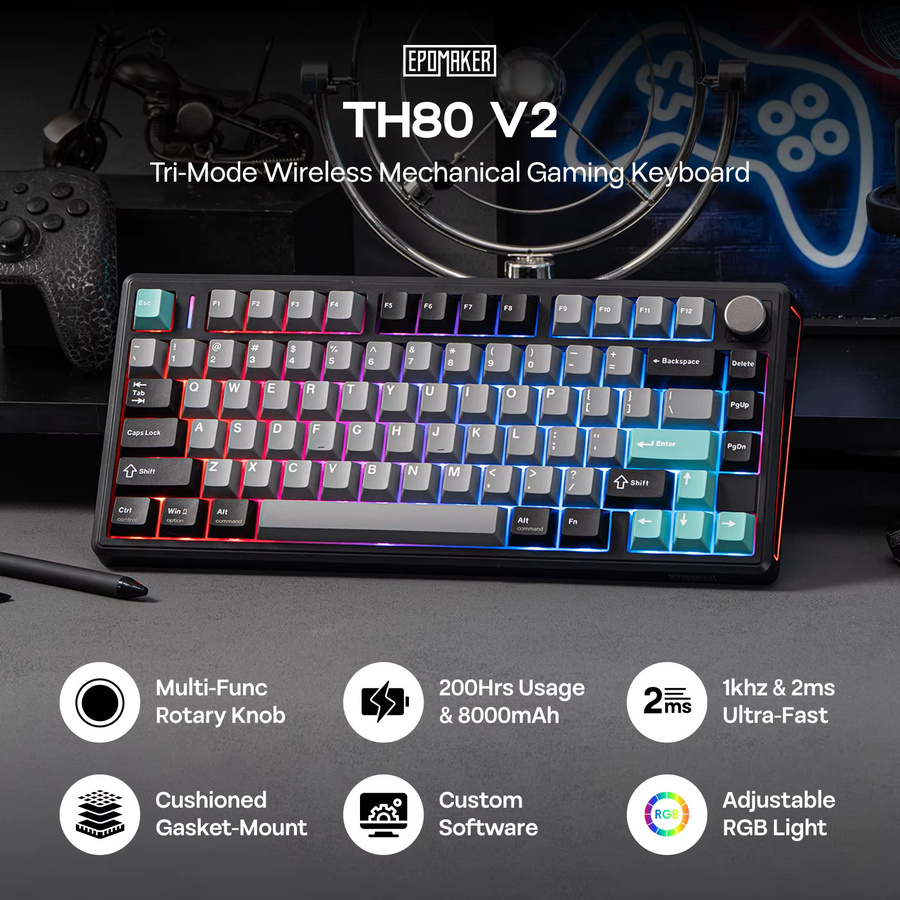 EPOMAKER TH80 V2 Mechanische Gaming-Tastatur 75% ANSI US Layout mit Drehregler und programmierbaren Tasten, Weiß, Kabellos via Bluetooth/2,4GHz oder Kabelgebunden - Bild 2