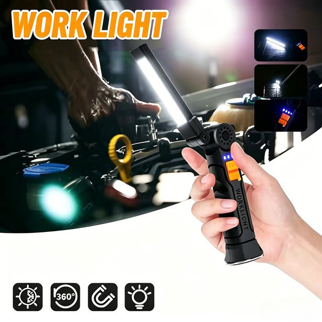 XIWANGFIRE LED COB Arbeitsleuchte in Schwarz mit Magnetfuß und Haken, wiederaufladbare tragbare Handtaschenlampe für Garten, Arbeit und Camping - Bild 1