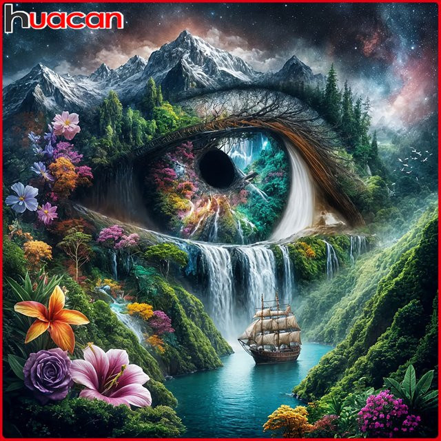 Huacan DIY Diamantmalerei Landschaft mit Wasserfall und Wald als Mosaik-Set in Mehrfarbig, B/H: 20 x 20 cm - Bild 1