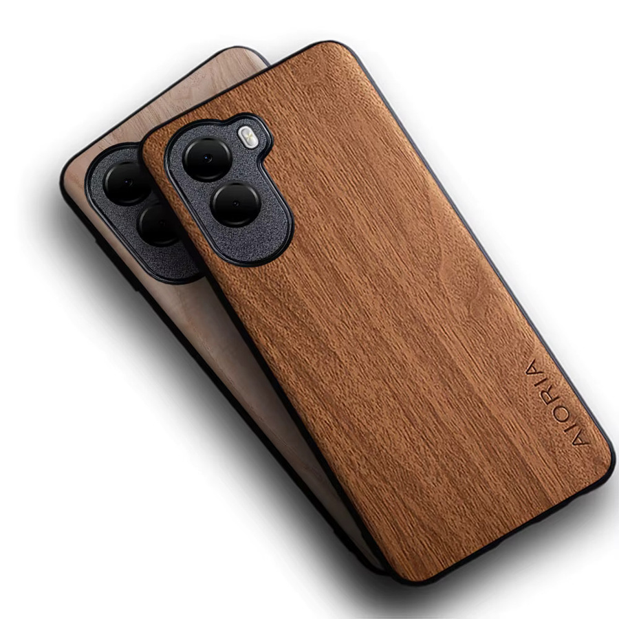 Xiaomi Poco M7 Pro Schutzhülle aus Leder mit Bambus-Holzmuster in Braun und Gelb - Bild 3