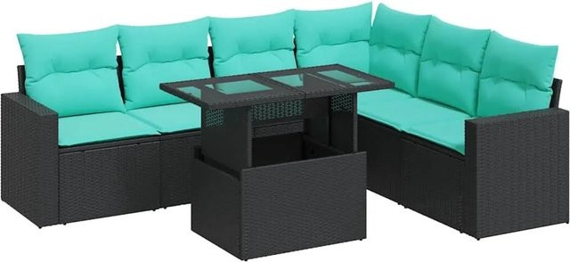 vidaXL 7-teilige Garten-Sofagarnitur aus Poly-Rattan und Akazie in Schwarz mit Kissen - Bild 1