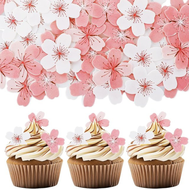 60 Stück Blumen Cupcake Topper Sakura Kirsche Pink aus Papier für Geburtstag Hochzeit und Babyparty - Bild 1