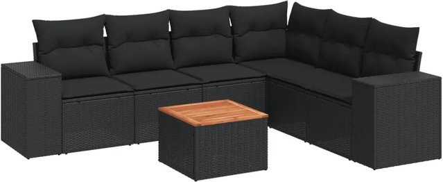 vidaXL 7-tlg Garten-Sofagarnitur in L-Form aus Polyrattan und pulverbeschichtetem Stahl mit Kissen in Schwarz - Bild 1