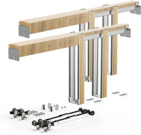 VEVOR Schiebetürrahmen-Set aus verzinktem Stahl und Holz in Silber und Braun, für Türen mit Breite: 121,9 cm bis 182,9 cm und Höhe: 203,2 cm, mit Zwei-Wege-Soft-Close-Mechanismus - Bild 1