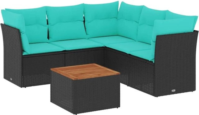 vidaXL 6-teilige Garten-Sofagarnitur in L-Form mit Kissen und Couchtisch, Schwarz, Poly-Rattan und Metallgestell - Bild 1