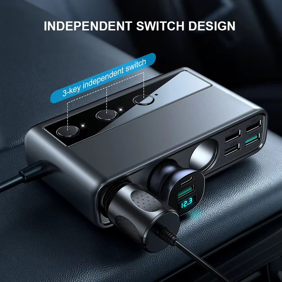 Joyroom 154W Auto Ladegerät Adapter mit 3 Steckdosen und unabhängigen Schaltern in Schwarz - Bild 3