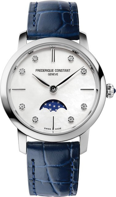 Frederique Constant Damenuhr, Slimline Moonphase, Quarz, Edelstahl, Perlmutt, 30 mm, Leder - Bild 1