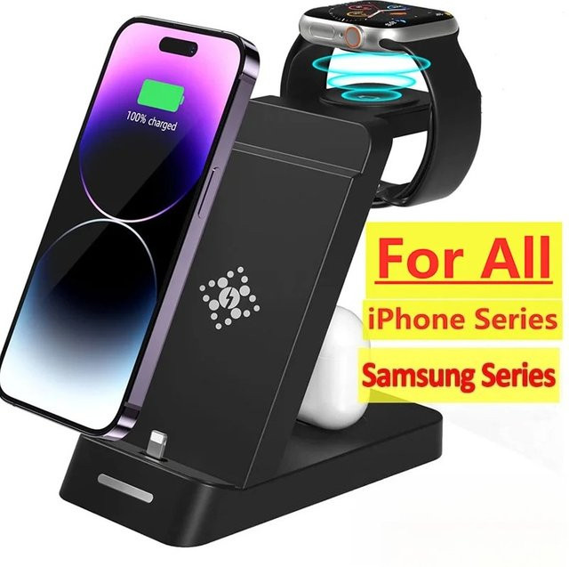 VIKEFON 3-in-1 Kabelloses Ladegerät für iPhone, Samsung Galaxy und Apple Watch als Schnelle Ladestation in Schwarz und Weiß - Bild 1