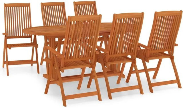 vidaXL 7-tlg Garten-Essgruppe Modell 5 aus geöltem Eukalyptusholz in Braun, rustikaler Esstisch mit 6 Stühlen für Garten und Terrasse - Bild 1