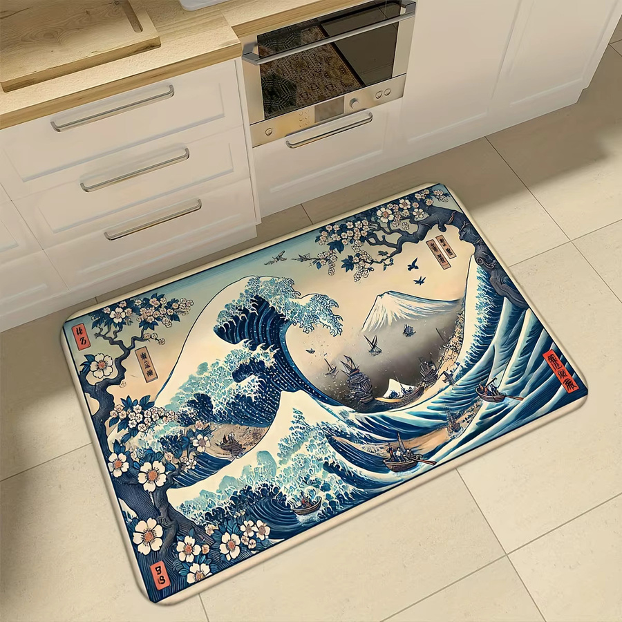 VIKAMA Retro Teppich mit japanischem Ukiyo-e Wave Design in Blau, rutschfest und schmutzabweisend, ideal für Wohnzimmer, Küche oder Flur - Bild 4
