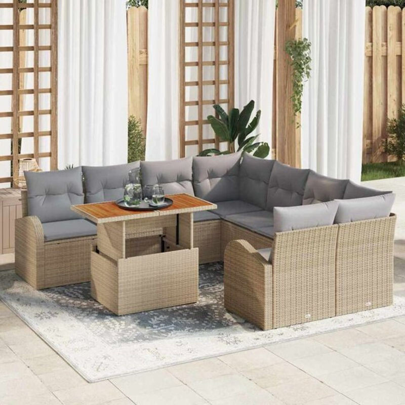 Vidaxl Garten-Sofa-Set aus 9 Teilen aus Polyrattan und Akazienholz in Beige und Grau, B/T/H: 100 x 55 x 73 cm - Bild 1